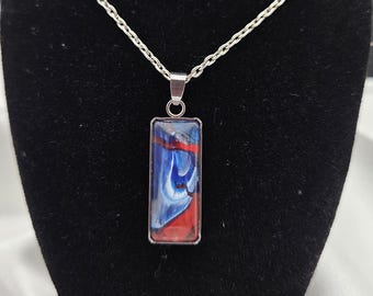 Electric Current Rectangle Pendant — Red & Blue Abstract Art Necklace in Silver