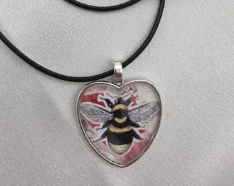 Hive Heart Pendant — Bee Art Necklace on Black Cord
