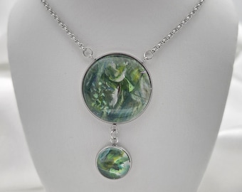 Seafoam Drift Double Pendant Necklace — Green and Blue Abstract Art Jewelry in Silver