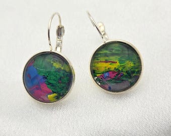 Chromatic Garden Drop Earrings — Multicolor Abstract Art Jewelry in Silver