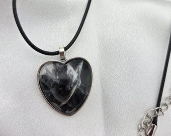 Inkstone Heart Pendant — Monochrome Abstract Art Necklace on Black Cord