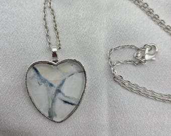 White Marble Porcelain Heart Pendant Necklace — Minimal Abstract Art in Silver