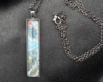 Skyline Bar Pendant — Abstract Blue and Grey Art Necklace (Gunmetal)