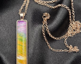 Sunrise Strata Bar Pendant — Abstract Yellow & Violet Necklace (Rose Gold)