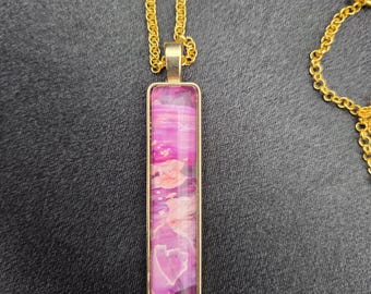 Hidden Heart Art Bar Necklace — Pink Abstract Paint Skin on Gold