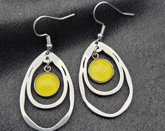 Solar Orbit Drop Earrings — Yellow Abstract Art Jewelry in Silver