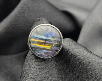 Urban Stripe Abstract Ring – Handmade Multicolor Paint Skin Ring in Silver Tone Setting