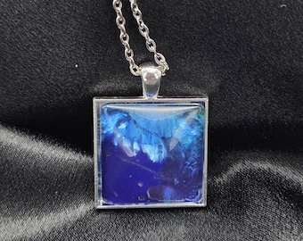 Abyssal Light – Deep Ocean Blue Abstract Square Pendant Necklace