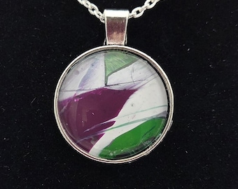 Abstract Necklace – Purple, Green & White One-of-a-Kind Round Pendant