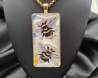 Bee Necklace – “Where They Gather” – Glass Cabochon Pendant – Paint Skin Background – Nature Inspired Jewelry – One of a Kind