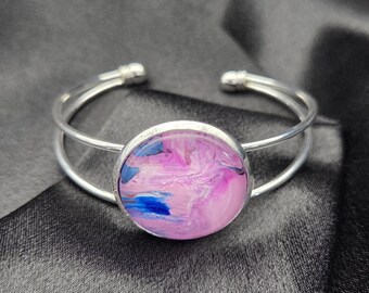 Petal Sky Cuff Adjustable Bracelet — Pink and Blue Abstract Art Jewelry