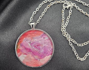 Rose Nebula Pendant Necklace — Pink & Crimson Galactic Abstract Art Jewelry