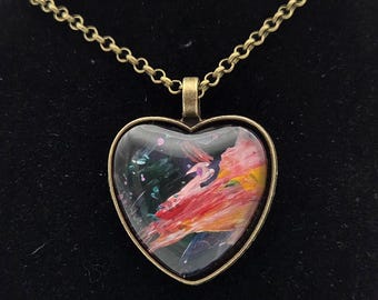 Abstract Heart Necklace – Red, Pink and Teal One of a Kind Wearable Art