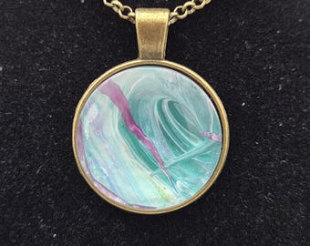 Sea Glass Current Necklace – Teal & Aqua Abstract Round Pendant in Gold Tone
