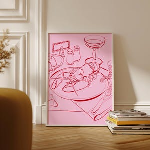 Seaside Lobster Dinner Art Print: Nautical Coastal Kitchen Decor