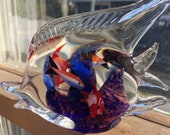 Murano style glass quot aquarium type quot Angelfish paperweight with enclosed smaller fish swimming around quot coral quot reef