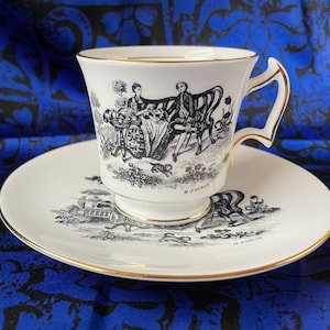Royal Chelsea &quot;Tea Party&quot; bone china footed tea cup and matching saucer, black and white, England, toile, Mother and son, Mother&#39;s Day