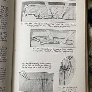 Puede incluir: Una p&aacute;gina de un libro de instrucciones de costura titulado Making Your Garment, p&aacute;gina 57. Contiene cuatro ilustraciones en blanco y negro que muestran t&eacute;cnicas de confecci&oacute;n de prendas, incluyendo el hilvanado de costuras, mangas y dobladillos.