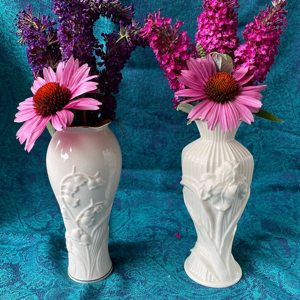 Pair of fabulous cream and gold Lenox bud vases, porcelain, Irises, Lily of the Valley, flower, floral, bas relief, sculpted, giftware