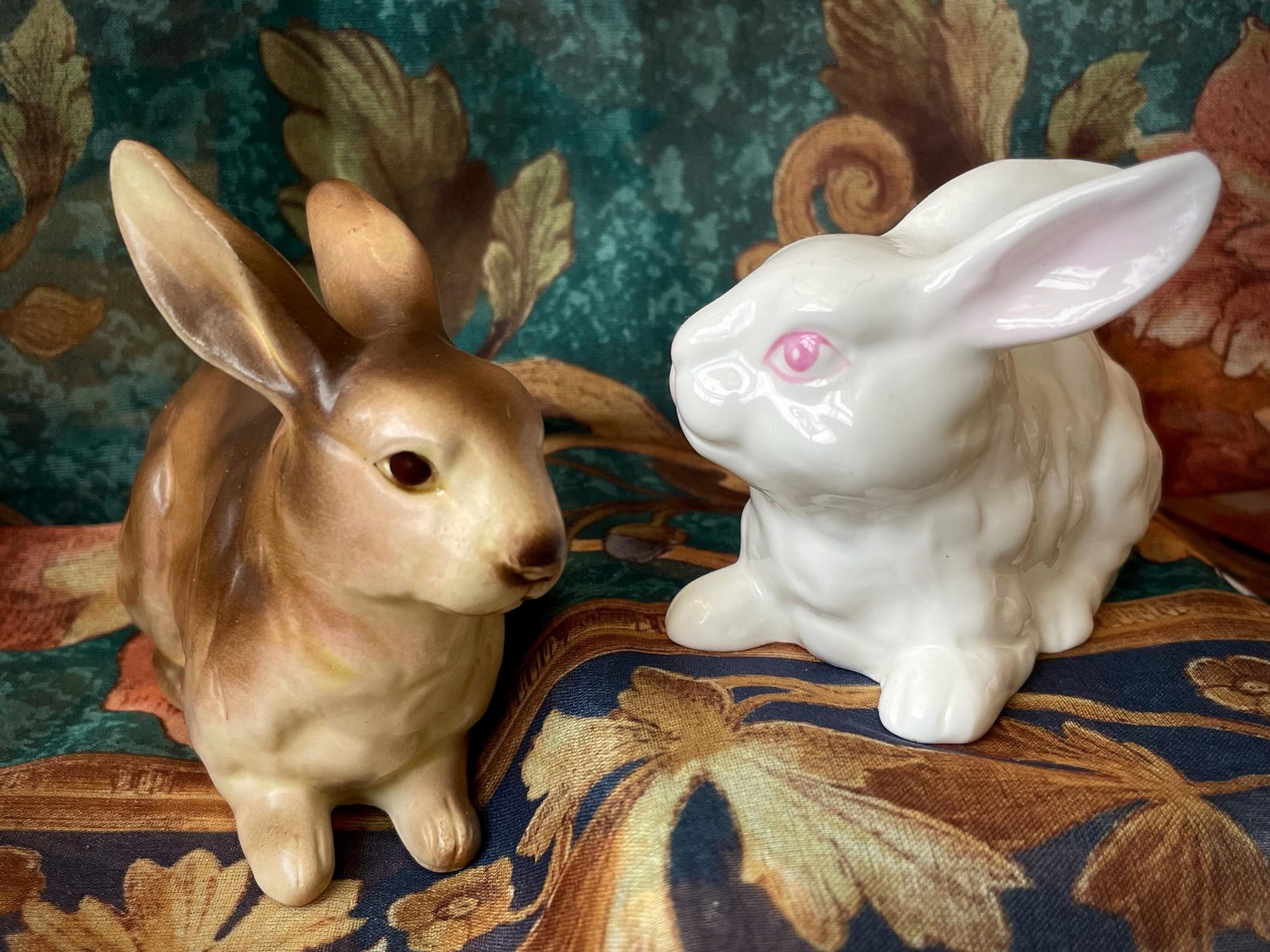Fetching Pair of Bone China and Porcelain Bunny Figurines, Rabbits ...