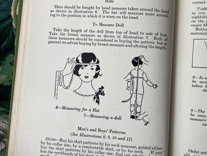 Puede incluir: Una p&aacute;gina de un libro de instrucciones antiguo con dibujos lineales en blanco y negro. El texto incluye instrucciones para medir una cabeza para un sombrero y una mu&ntilde;eca para ropa. Dos ilustraciones muestran el uso de una cinta m&eacute;trica.