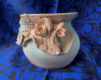 California art pottery ceramic bowl, vase, Joyce Schleiniger, rose, floral, pastel, modern art, signed, Encinitas, sculpture, figural