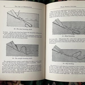 Puede incluir: Un libro abierto con p&aacute;ginas de color crema, texto negro y cuatro ilustraciones instructivas de t&eacute;cnicas de costura. Los diagramas numerados 89, 90, 91 y 92 muestran la puntada de dobladillo inclinado, la puntada recta, el dobladillo invisible y la puntada escondida.