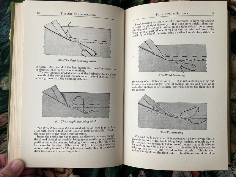 Puede incluir: Un libro abierto con p&aacute;ginas de color crema, texto negro y cuatro ilustraciones instructivas de t&eacute;cnicas de costura. Los diagramas numerados 89, 90, 91 y 92 muestran la puntada de dobladillo inclinado, la puntada recta, el dobladillo invisible y la puntada escondida.