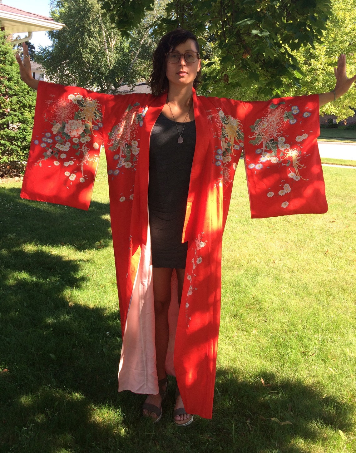 vintage red pure Silk Kimono full length long Etsy