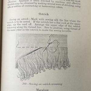 Puede incluir: Una p&aacute;gina de libro instructivo en blanco y negro titulada Ostrich con un diagrama etiquetado 368&mdash;Sewing on ostrich trimming. La ilustraci&oacute;n muestra una aguja e hilo uniendo un adorno de flecos a una tela con una l&iacute;nea discontinua.