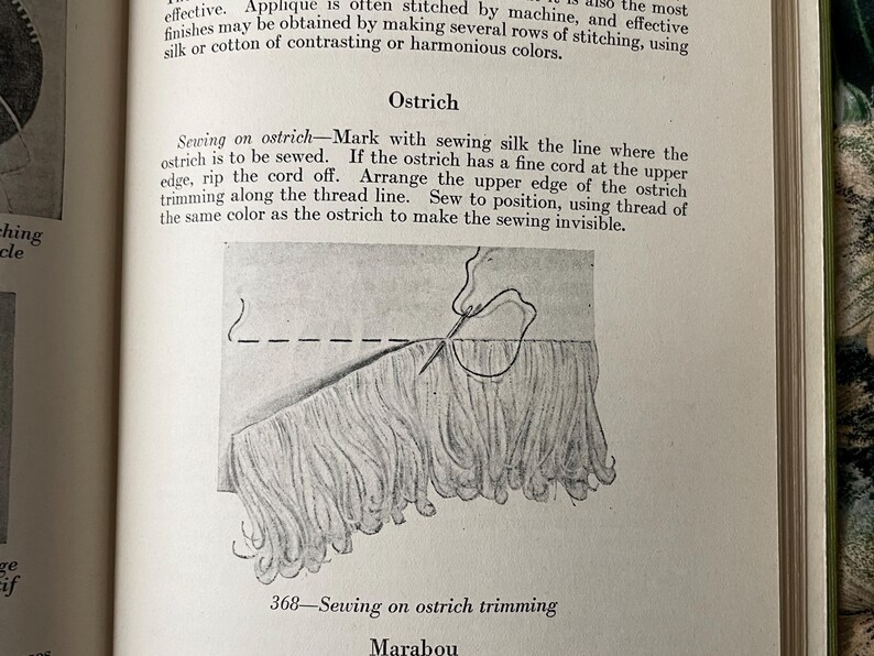 Puede incluir: Una p&aacute;gina de libro instructivo en blanco y negro titulada Ostrich con un diagrama etiquetado 368&mdash;Sewing on ostrich trimming. La ilustraci&oacute;n muestra una aguja e hilo uniendo un adorno de flecos a una tela con una l&iacute;nea discontinua.