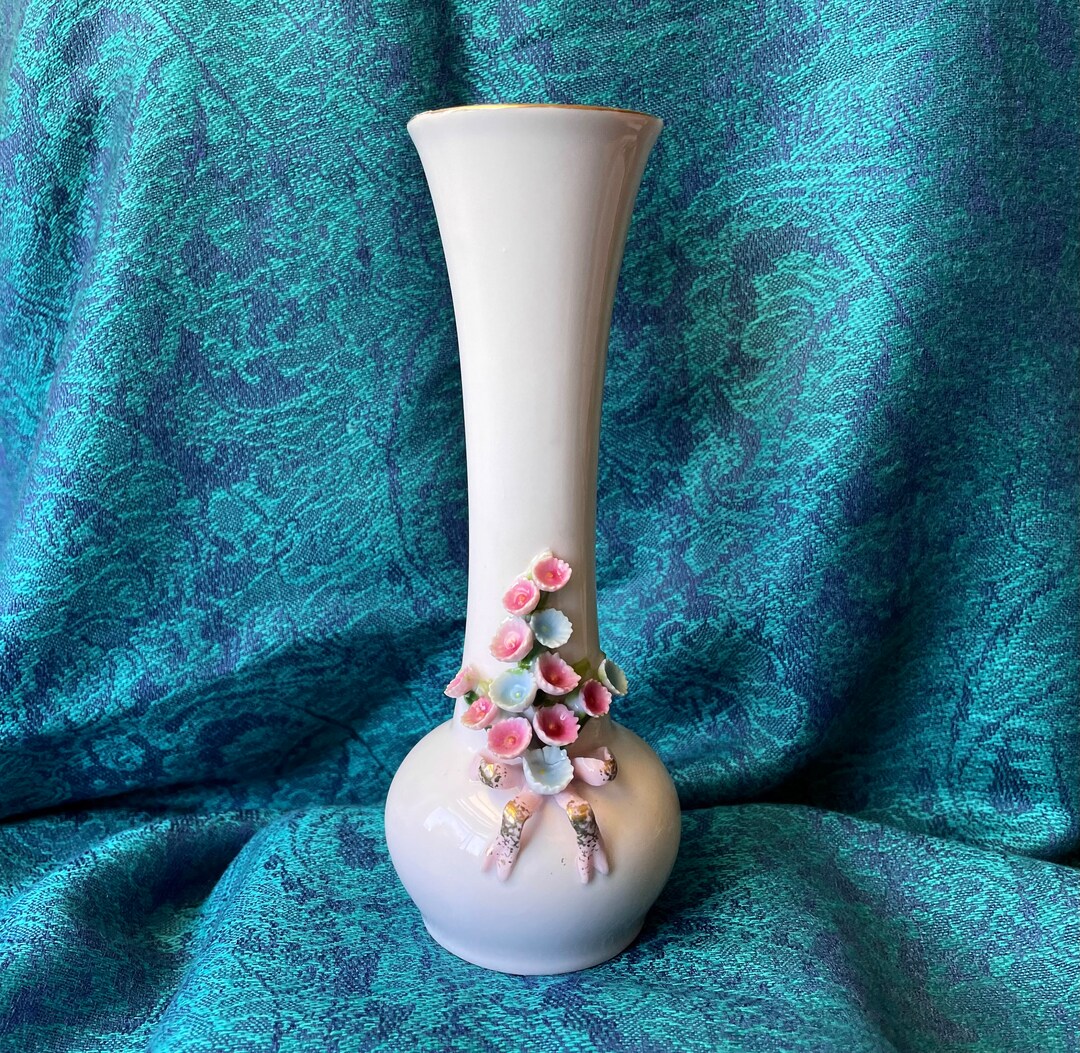 Vintage Pink Porcelain Bud Vase With Applied Flowers, Pink and Blue ...