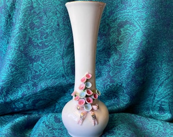 Vintage pink porcelain bud vase with applied flowers, pink and blue, Lefton, hand painted, floral, flowers