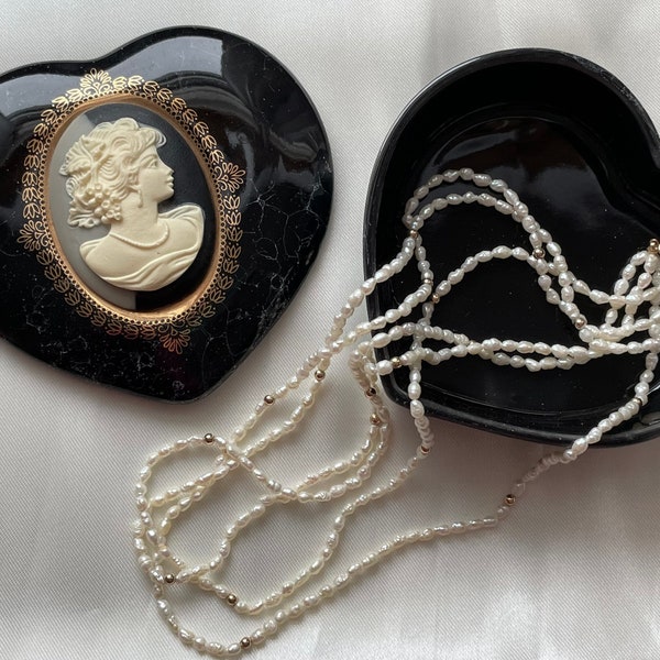 Heart shaped porcelain faux black marble trinket box, cameo style inset, black and white, gold trim, jewelry box, lidded box
