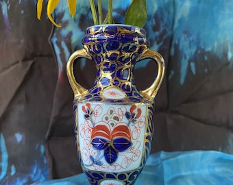 Cobalt, red and gold urn vase, bud vase. with floral motif, gold accents and handles, blue and gold, red flowers, hand painted