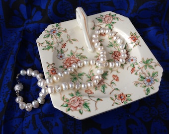 Square Takito lemon dish, trinket dish, earring tray with peonies and gold trim, Japanese, Asian art, floral, flowers, pink