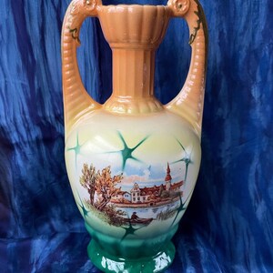 Vintage Czech amphora style pottery vase with river scene, starbursts, “bird” handles, embossing, Czechoslovakia