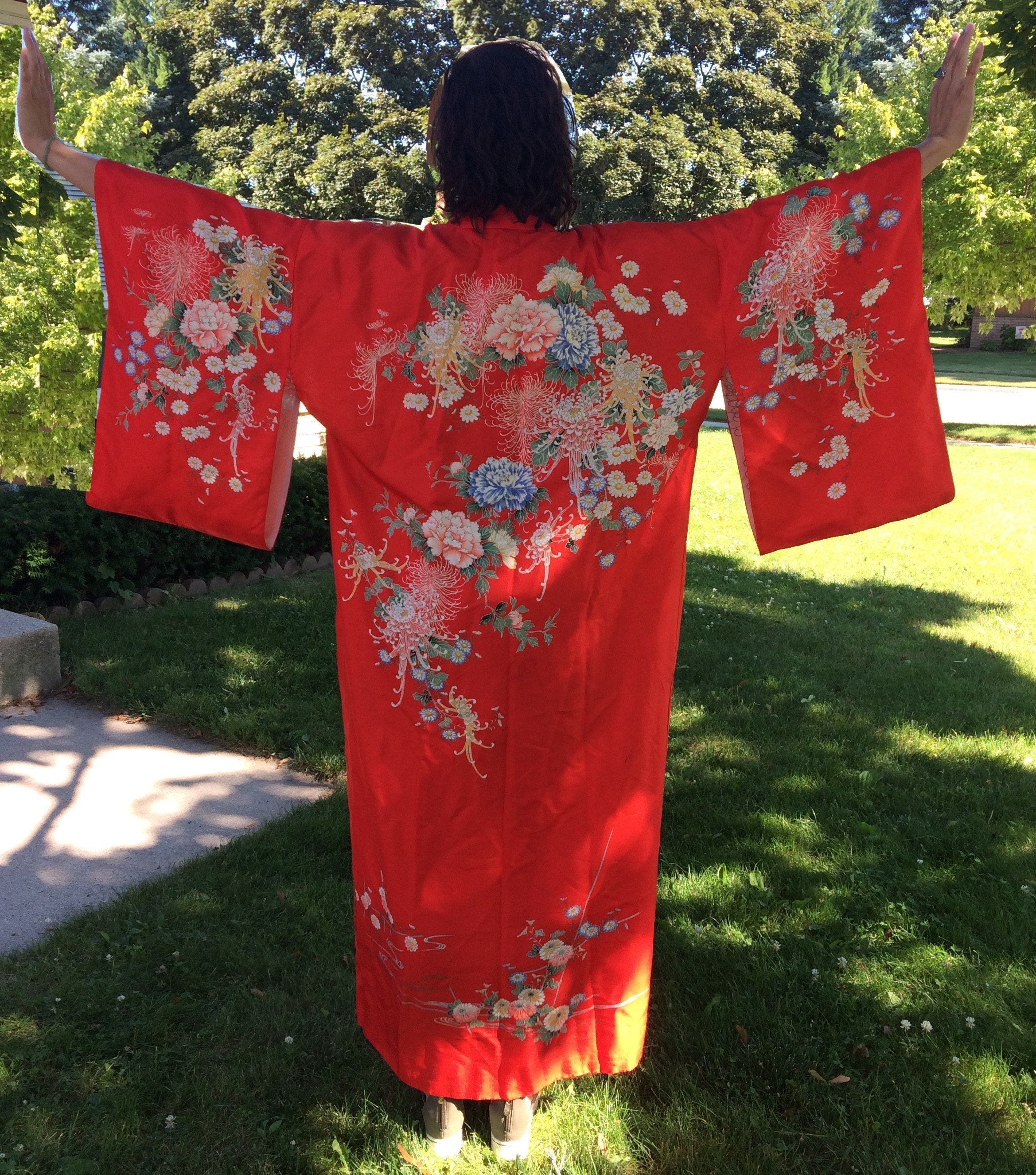 vintage red pure Silk Kimono full length long Etsy