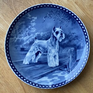 Danish Miniature Schnauzer dog plate, porcelain, blue and white, Tove Svendsen, farm dog, ratters, working dogs, companions, pets