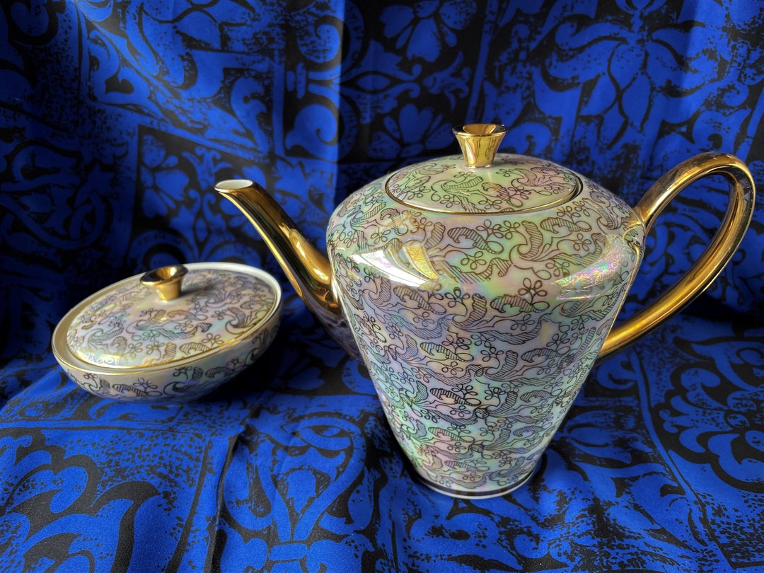 Vintage Iridescent, Opalescent Porcelain Teapot, Coffee Pot and Sugar