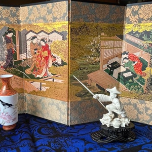 Vintage Japanese Byobu folding table screen, desk screen, four panels, brocade, ukiyo-e, geisha, kimonos, nature, wisdom, floating world