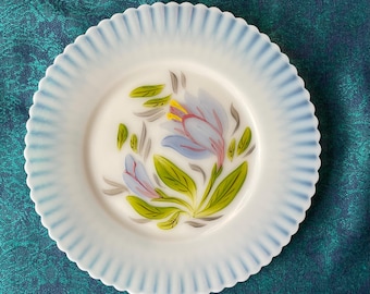 Rare set of six Macbeth-Evans Monax Petalware milk glass plates, hand painted, Tulips motif, floral, ring of fire, Depression Era glass