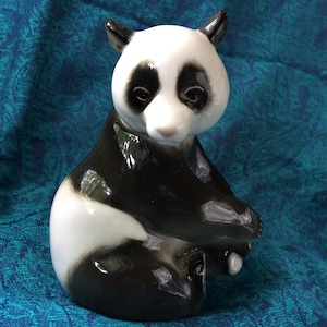 Adorable Lomonosov Russian sitting Panda Bear figurine, ceramic, wildlife, nature, bear feet, pandas, marsupials, animals, baby animals