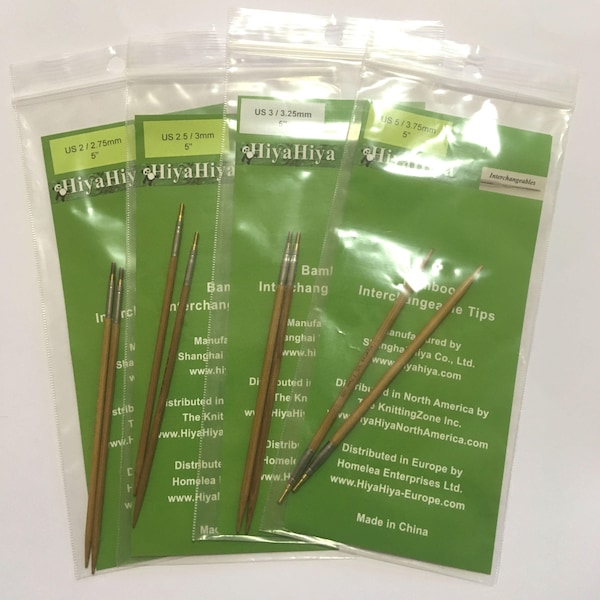 HiyaHiya Bamboo Interchangeable Needle Tips 12cm (5") size 2.75 to 4 mm, Bamboo Knitting Needles, Interchangeable Tips