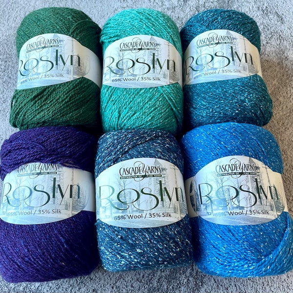 Roslyn Cascade Yarns - 07 denim foncé, 09 bleu vif, 11 lagon, 19 acai, 20 eden, 24 sarcelle - fil à tricoter de poids DK