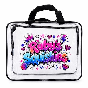 May include: A clear plastic rectangular carrying case with black trim and black handles. The front features a colourful graffiti-style graphic with the text Ruby's Squishies, surrounded by icons including a crown, hearts, a lightning bolt, and a diamond.