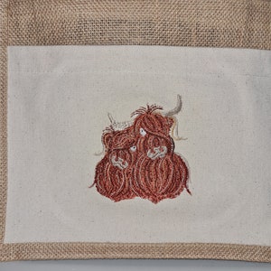 Highland Cow Jute Bag With Fabric Pocket, Lunch Bag, Work Bag, Small Shopper