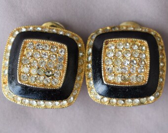 Boucles d’oreilles Clip noir et or par Orena, Français Vintage boucles d’oreilles pour oreilles non percées, cadeau pour elle, or noir émail boucles d’oreilles strass