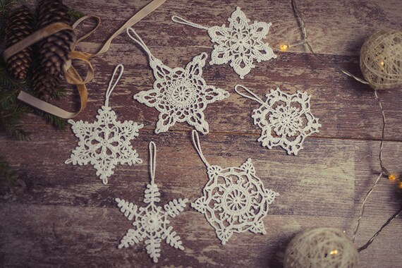 Set Of 6 White Crochet Snowflakes Snowflakes Ornaments Hanging Etsy