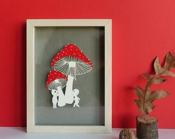 Framed Kodama paper cut art inspired from Princess Mononoke, Studio Ghilbi, Fly Agaric mushrooms art, bedroom decor, Birthday gift